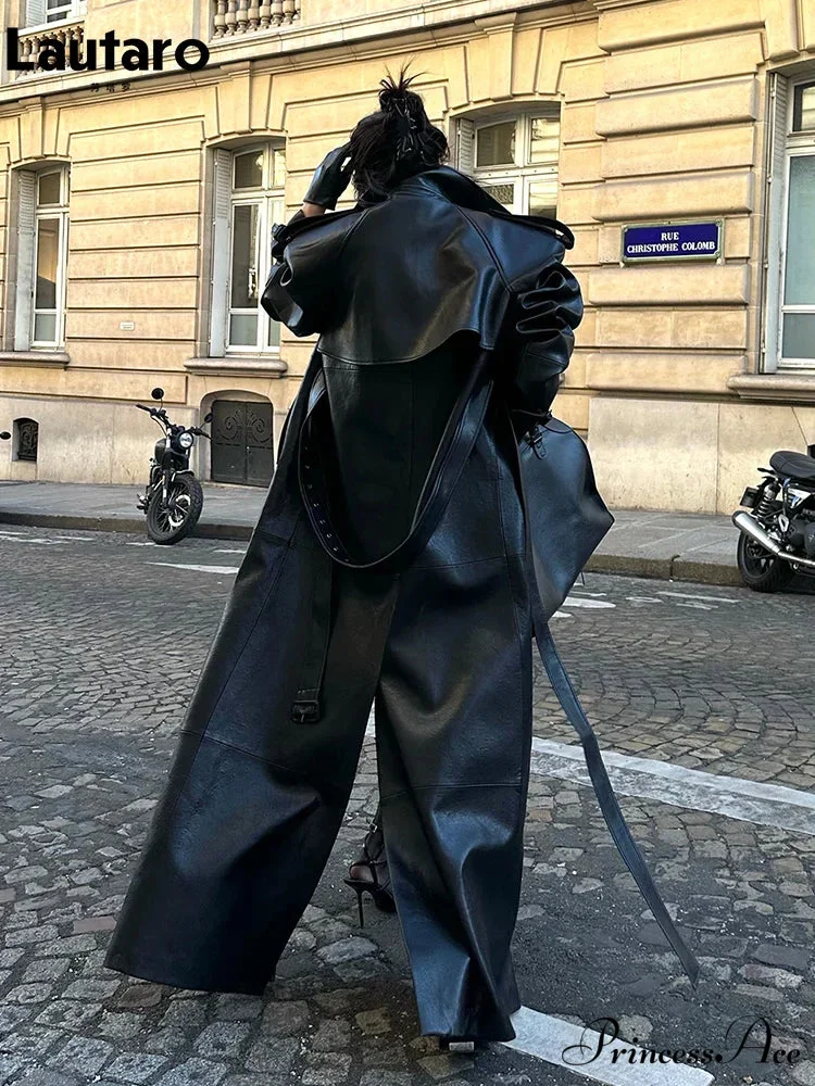 Tall Split Dark Synthetic Leather Overcoat - Image 4