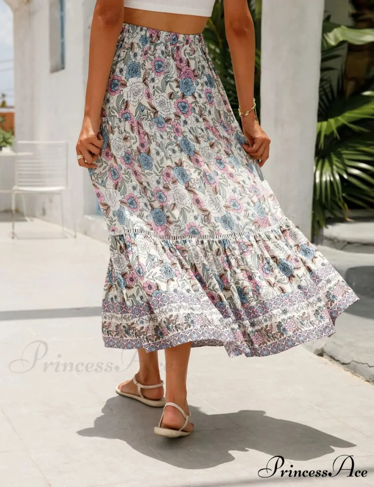 Tall Waist Flowered Shore Skirt A-line Frilled Lace Vacation Maxi - Image 3