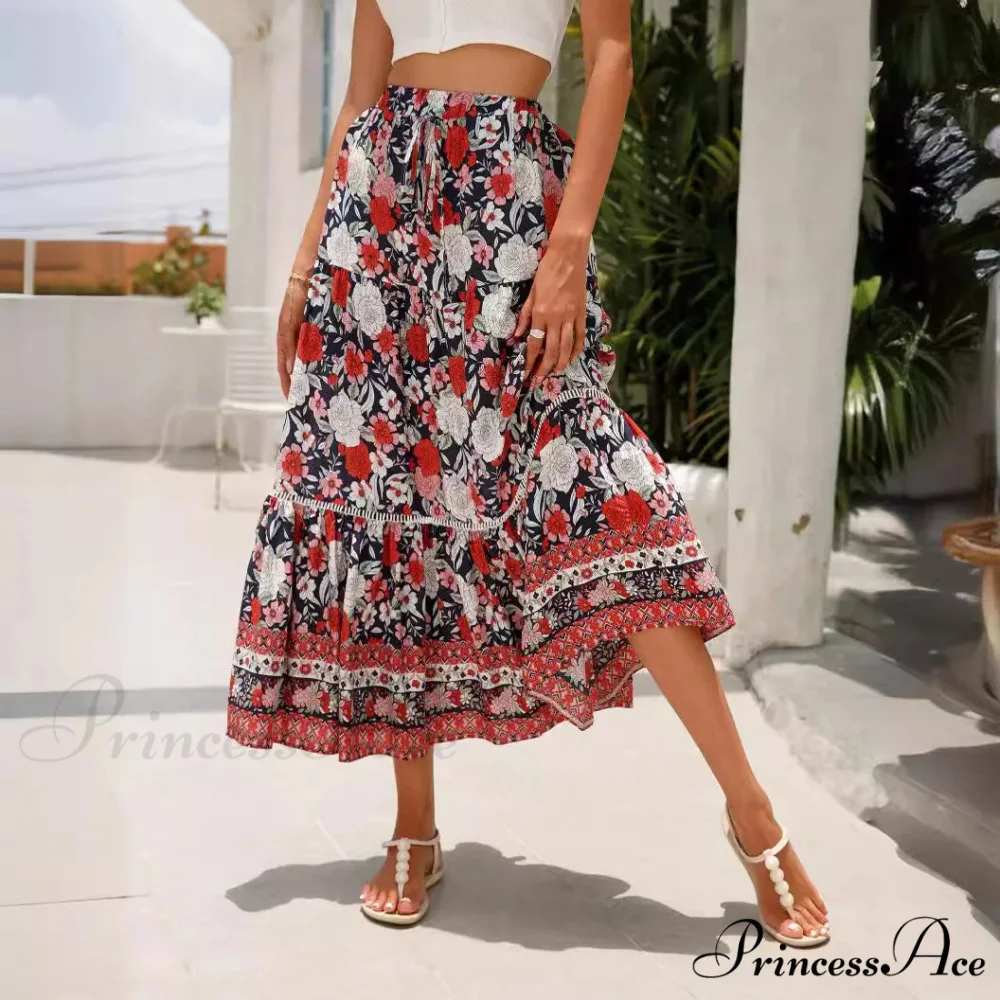 Tall Waist Flowered Shore Skirt A-line Frilled Lace Vacation Maxi - Image 4