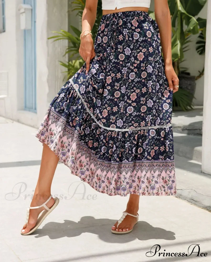 Tall Waist Flowered Shore Skirt A-line Frilled Lace Vacation Maxi - Image 5