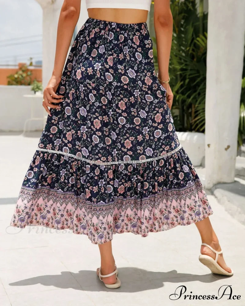 Tall Waist Flowered Shore Skirt A-line Frilled Lace Vacation Maxi - Image 6