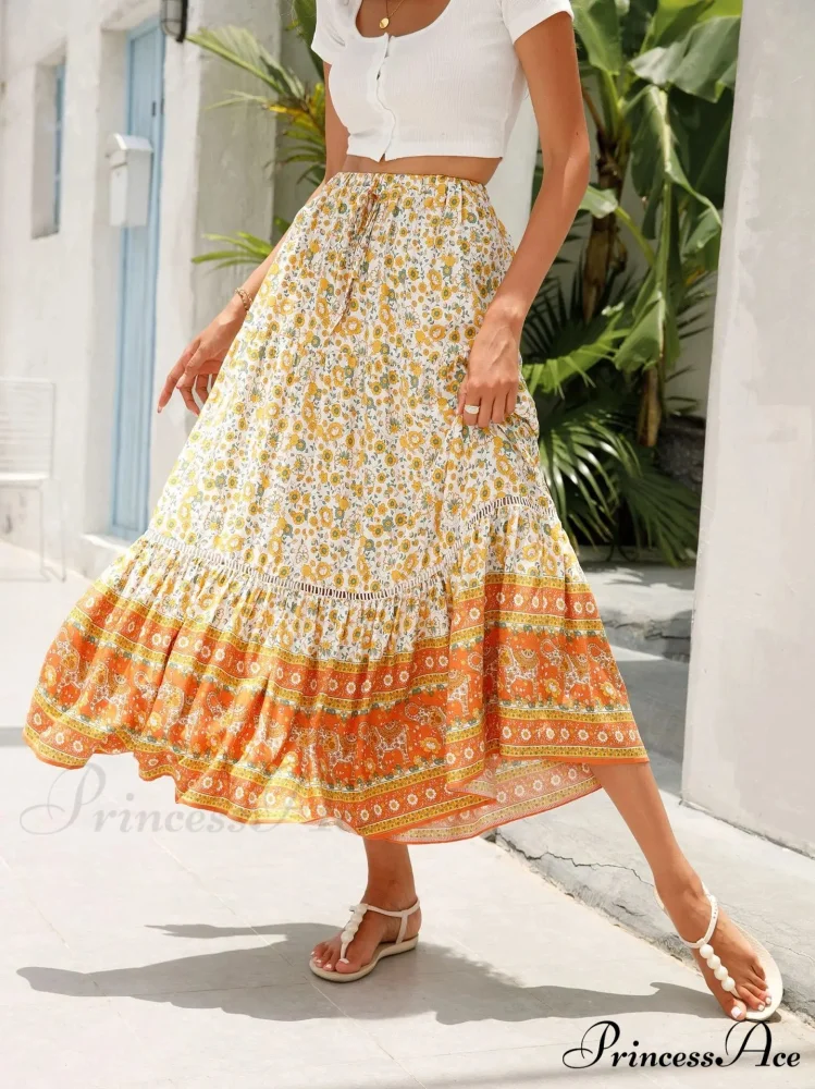 Tall Waist Flowered Shore Skirt A-line Frilled Lace Vacation Maxi - Image 7