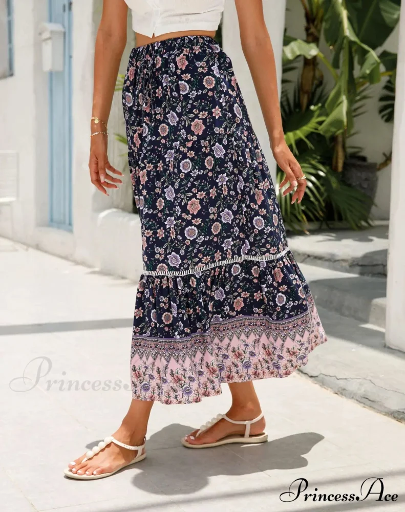 Tall Waist Flowered Shore Skirt A-line Frilled Lace Vacation Maxi - Image 8