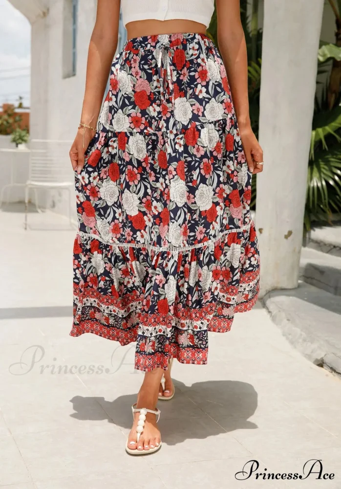 Tall Waist Flowered Shore Skirt A-line Frilled Lace Vacation Maxi - Image 9