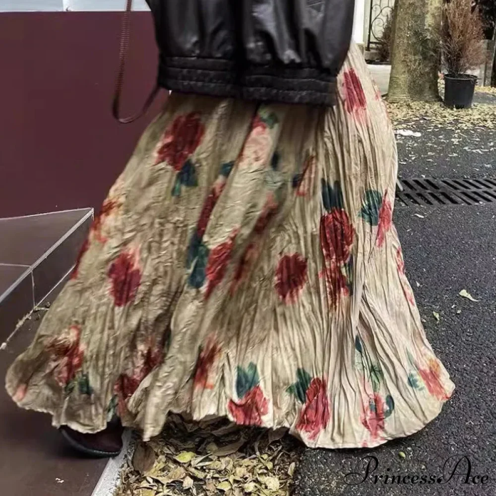 Tall Waist Pink Pendulum Skirt Bohemian Draped Pleated Retro Maxi - Image 2