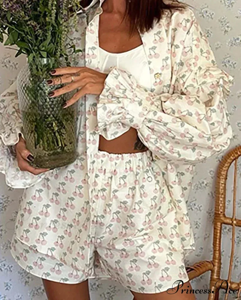 Tan Pattern Collar Knee-Length Shorts Work Two Piece Set - Image 2