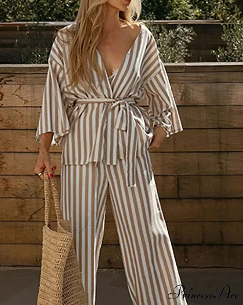 Tan Pattern V-Neck Cinch Pants Workplace Two Piece Set - Image 2