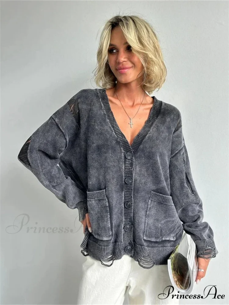 Tattered Button Up Generously Sized Cardigan - Image 3