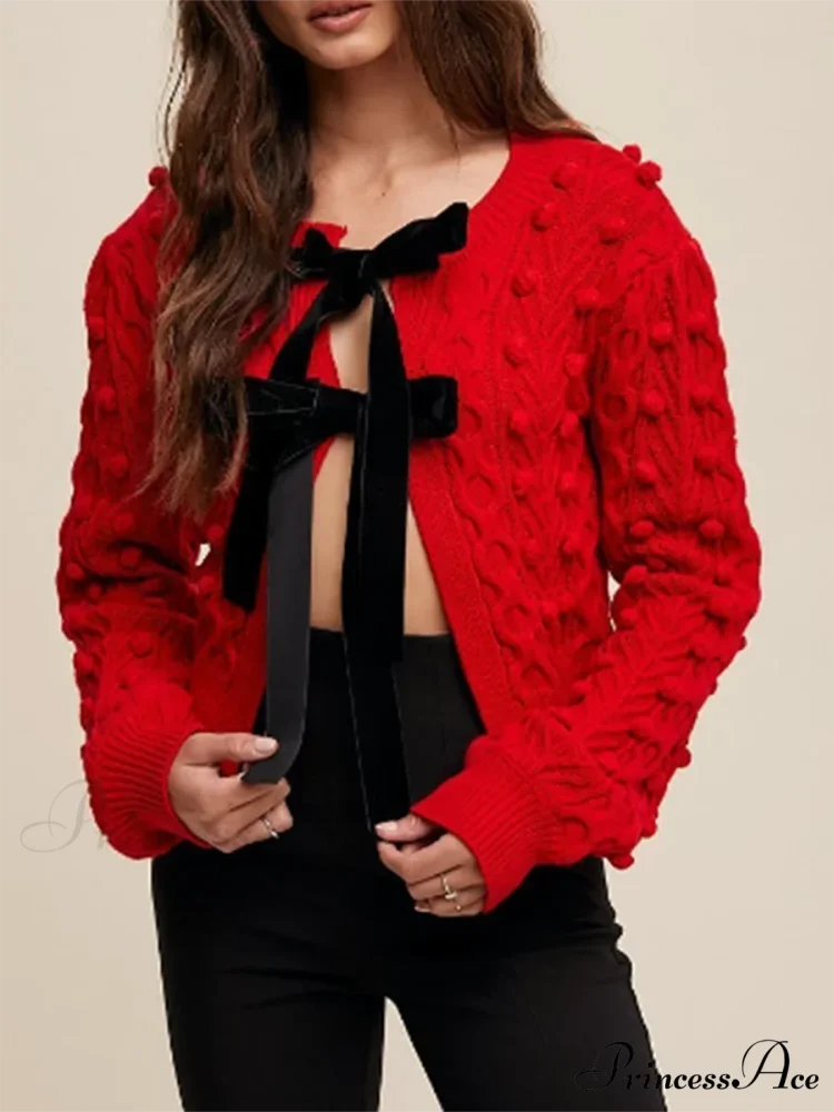 Textured Bow Tie Twisted Knit Cardigan - Image 11