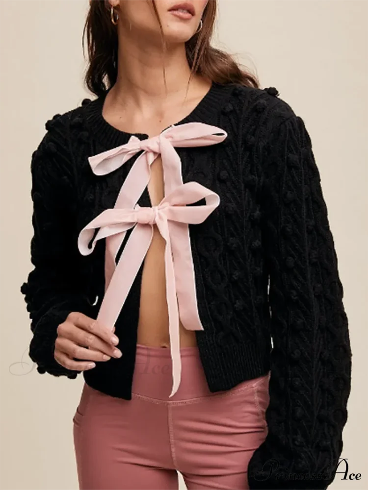 Textured Bow Tie Twisted Knit Cardigan - Image 2