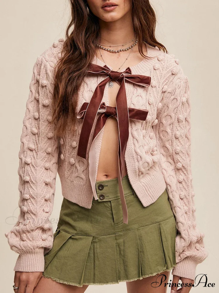 Textured Bow Tie Twisted Knit Cardigan - Image 3