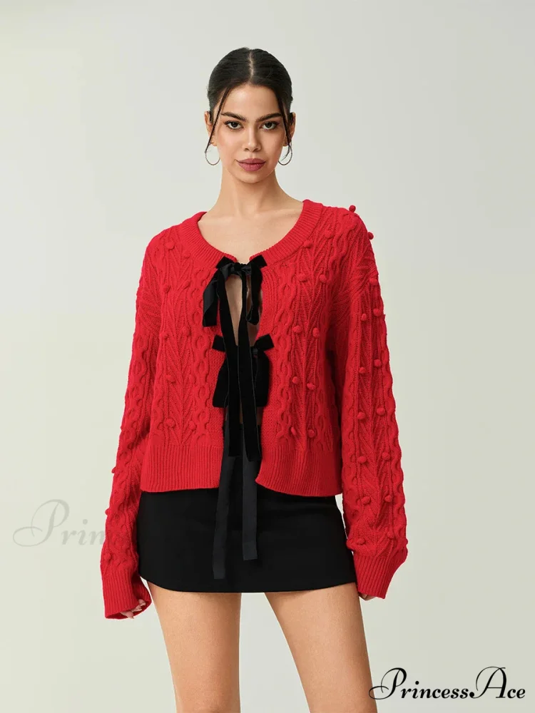 Textured Bow Tie Twisted Knit Cardigan - Image 5