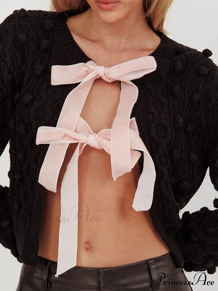 Textured Bow Tie Twisted Knit Cardigan - Image 7