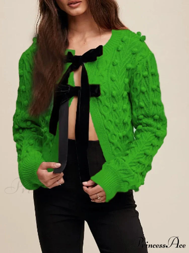 Textured Bow Tie Twisted Knit Cardigan - Image 8