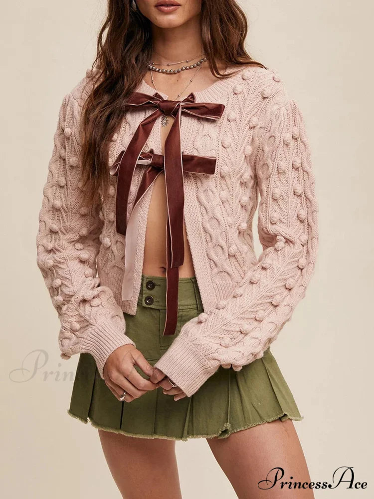 Textured Bow Tie Twisted Knit Cardigan - Image 9
