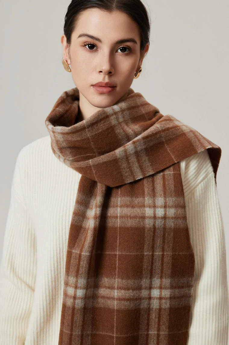 100% Wool Plaid Fringed Minimalist Scarf - Image 2