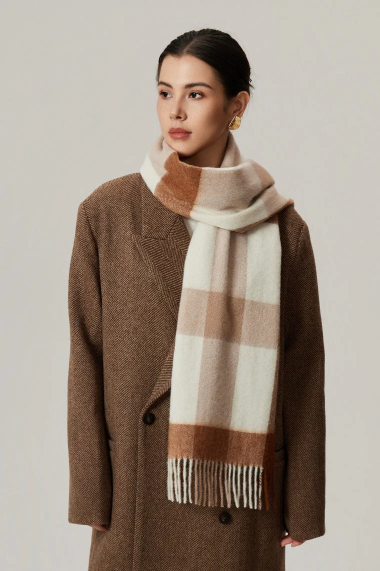 100% Wool Plaid Fringed Minimalist Scarf - Image 4