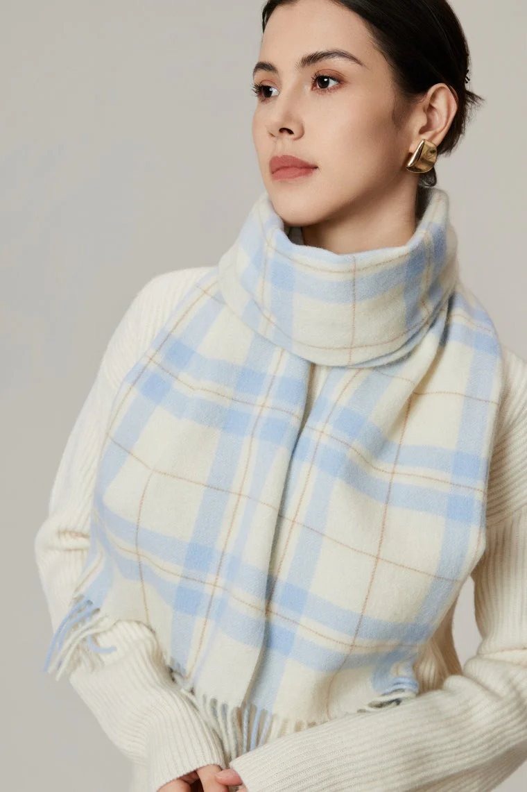 100% Wool Plaid Fringed Minimalist Scarf - Image 5