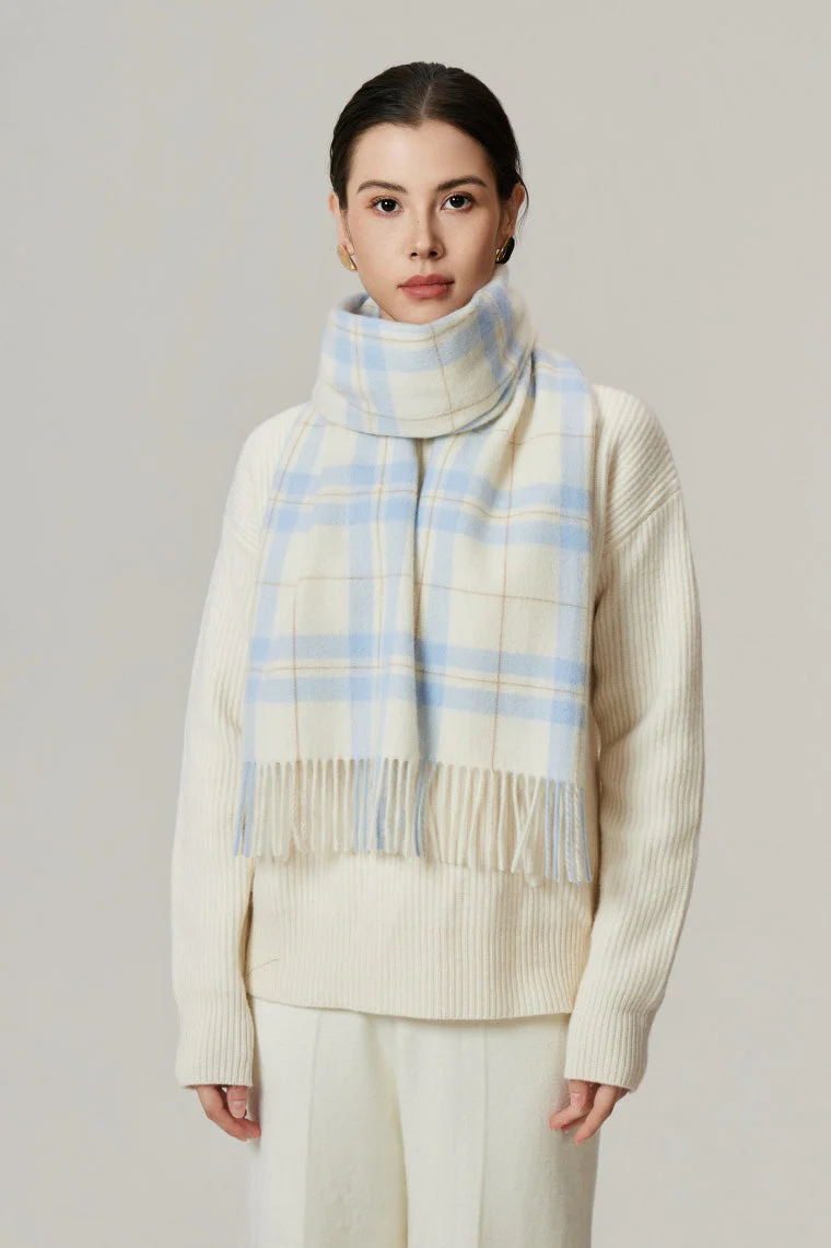100% Wool Plaid Fringed Minimalist Scarf - Image 6