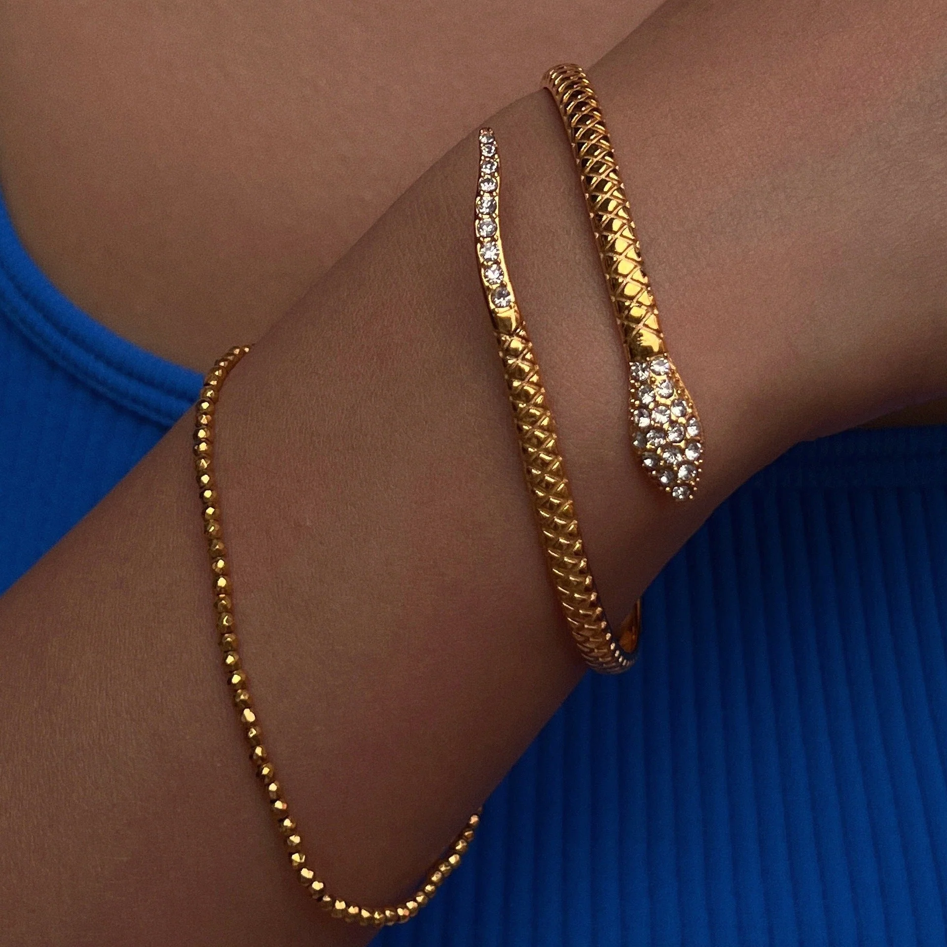 18K Plated Titanium Steel Zircon Snake Open Bracelet - Image 2