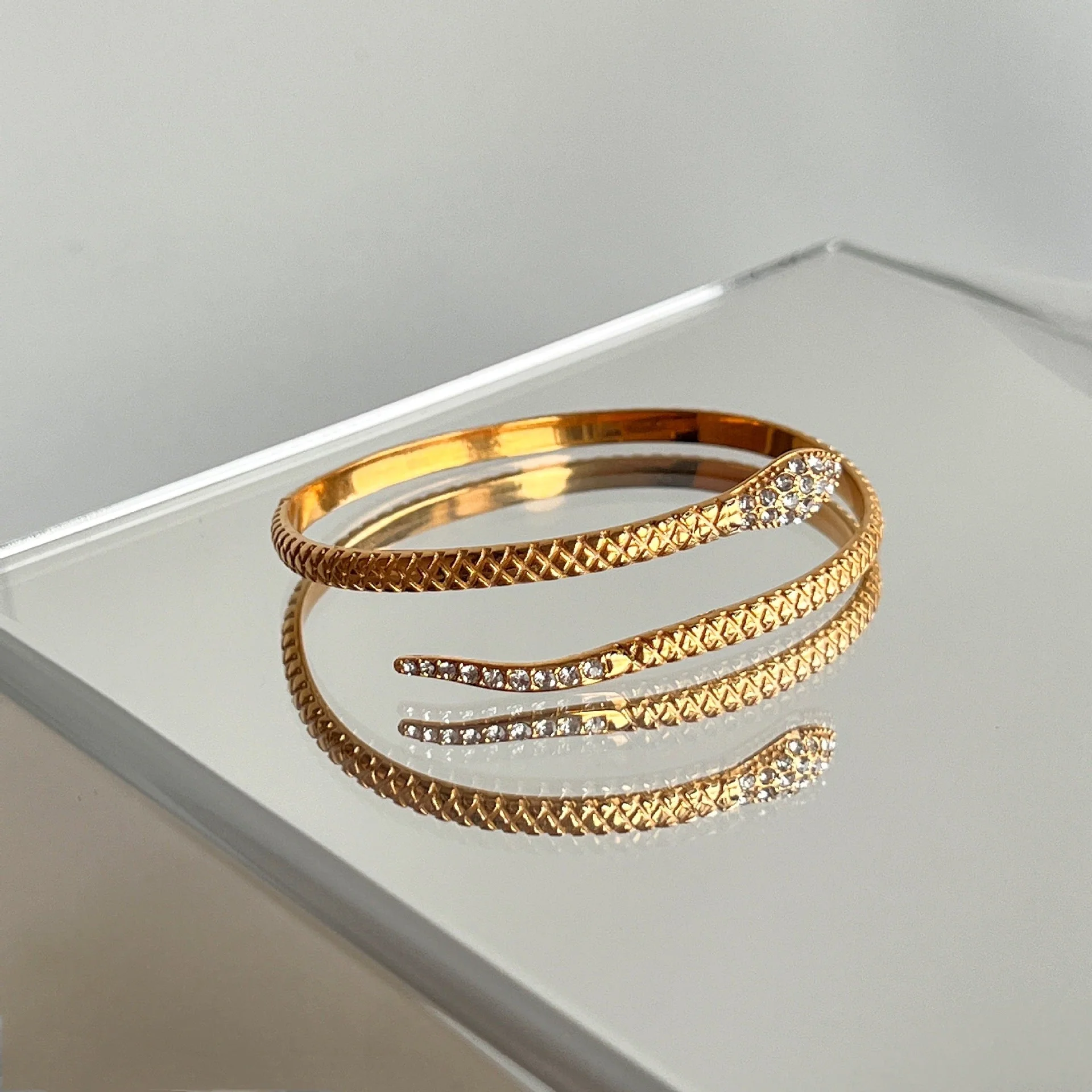 18K Plated Titanium Steel Zircon Snake Open Bracelet - Image 4