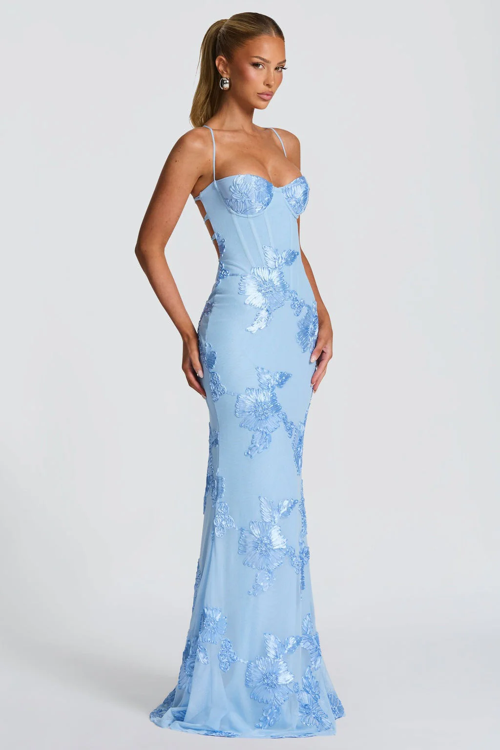 3D Applique Bone Pad Tie Back Solid Prom Dress - Image 11