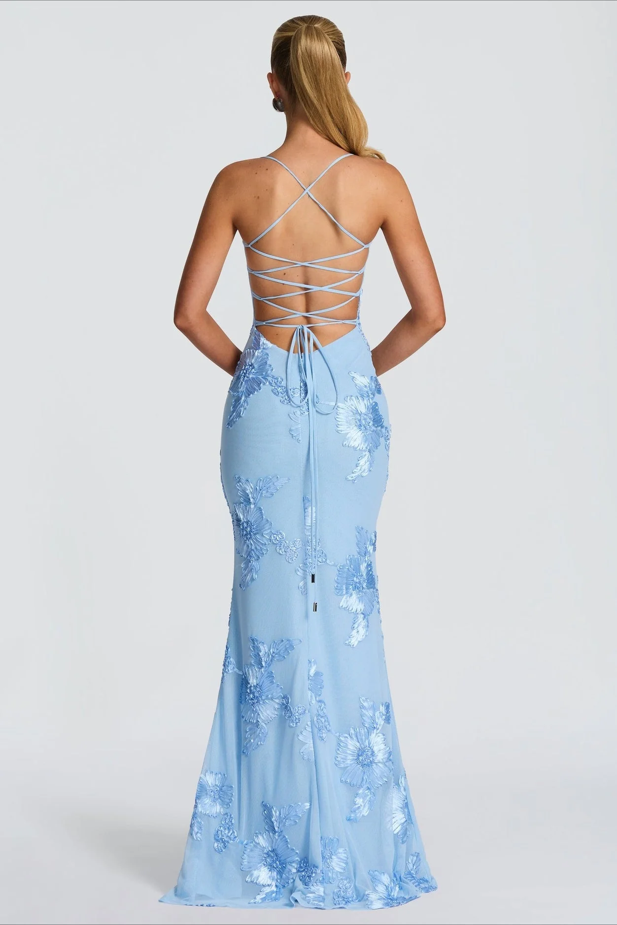 3D Applique Bone Pad Tie Back Solid Prom Dress - Image 12