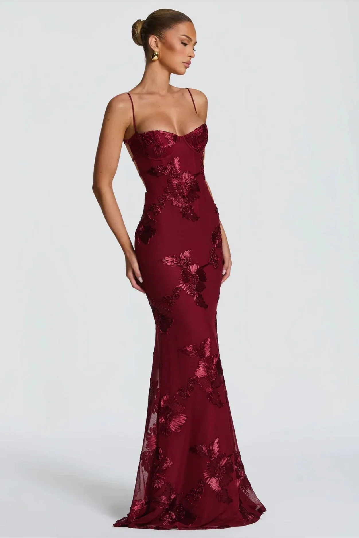 3D Applique Bone Pad Tie Back Solid Prom Dress - Image 15