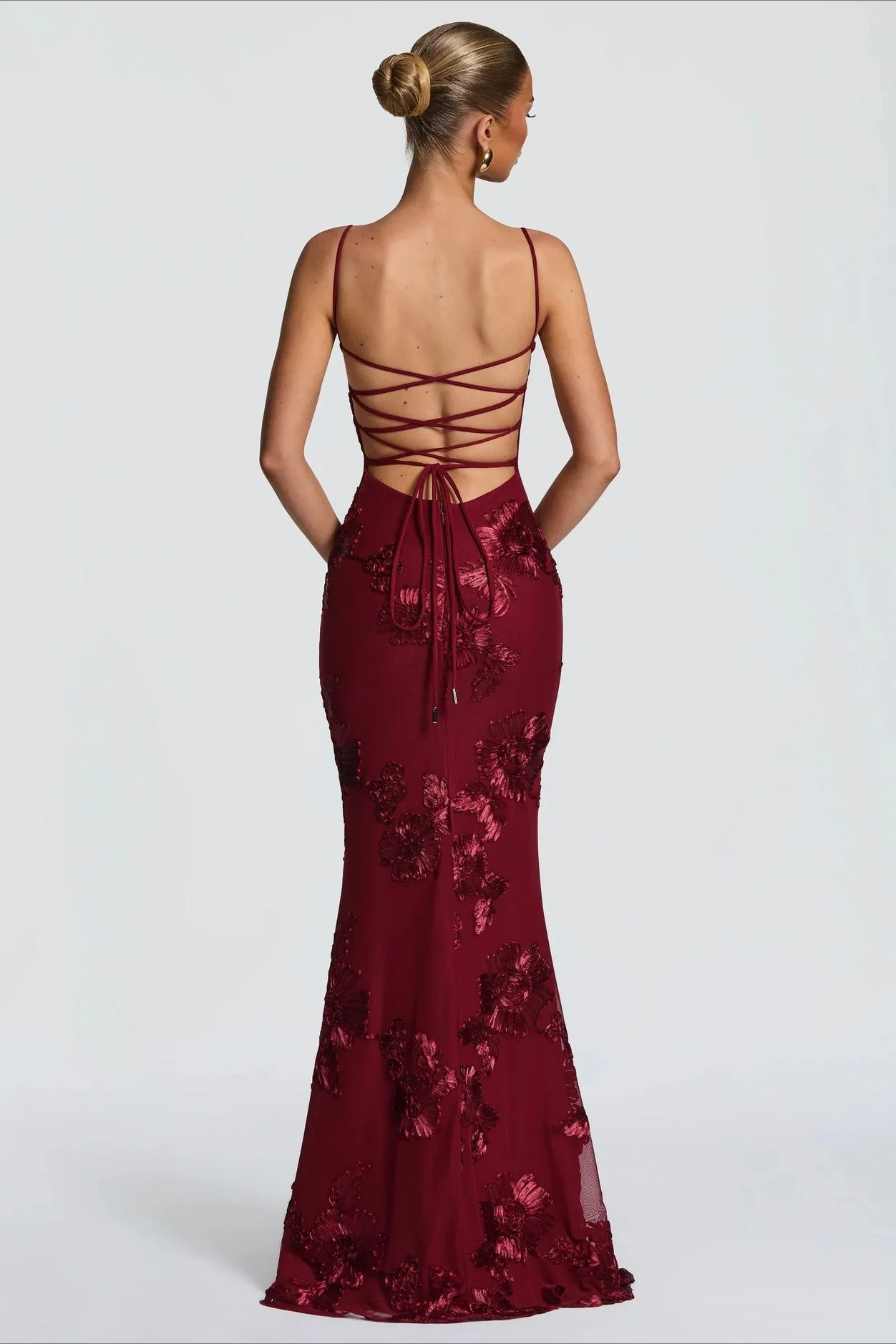 3D Applique Bone Pad Tie Back Solid Prom Dress - Image 16