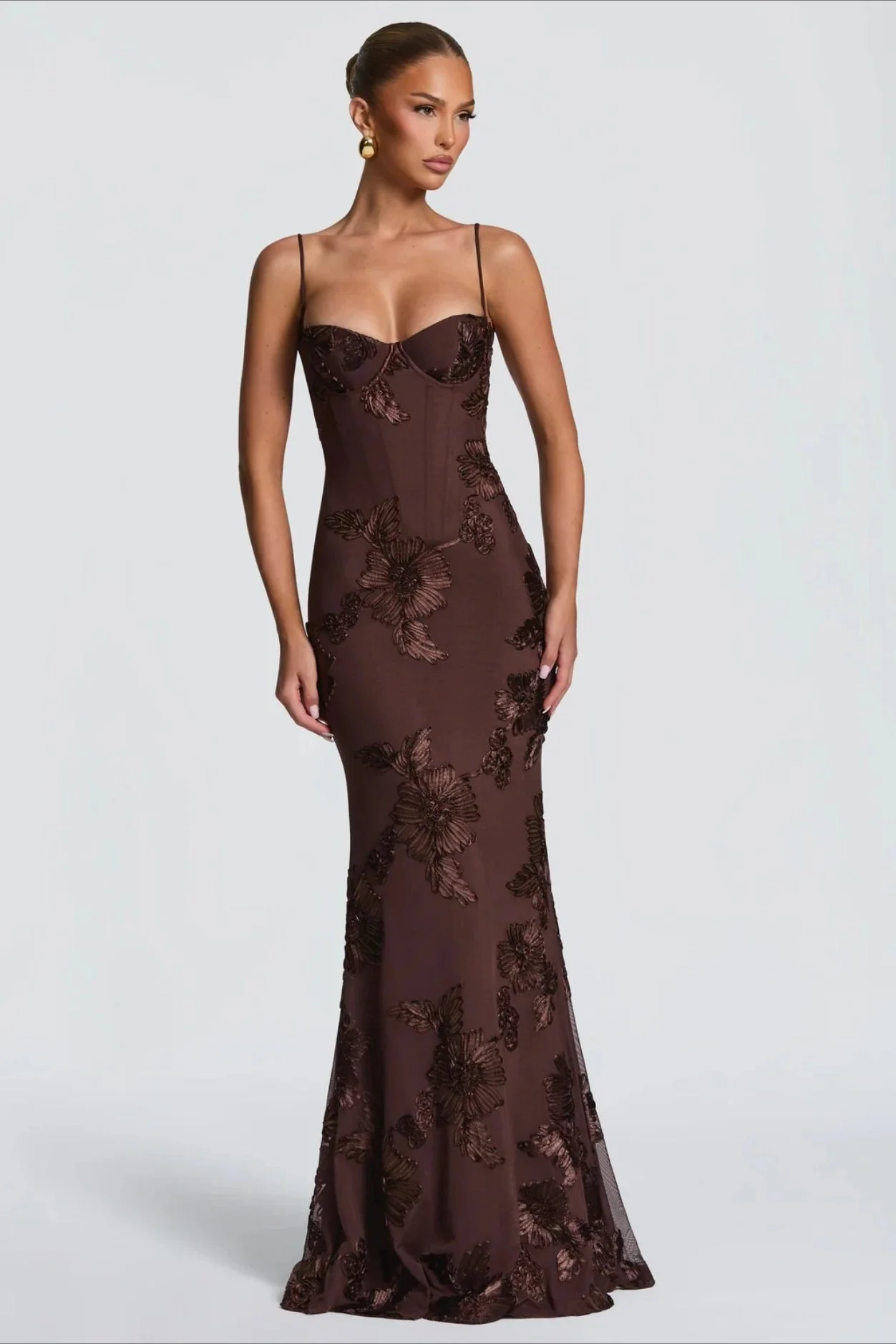 3D Applique Bone Pad Tie Back Solid Prom Dress - Image 19