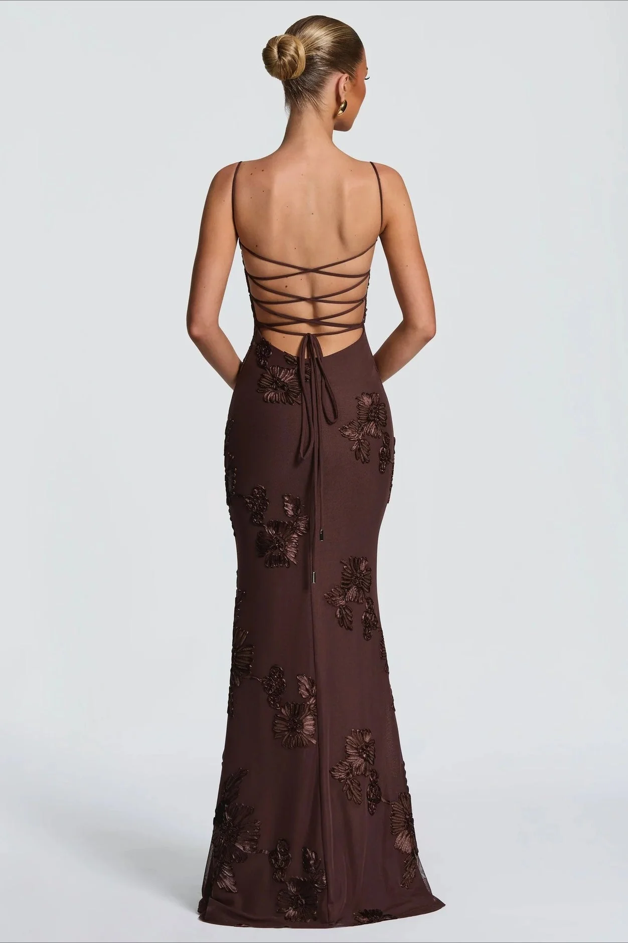 3D Applique Bone Pad Tie Back Solid Prom Dress - Image 20