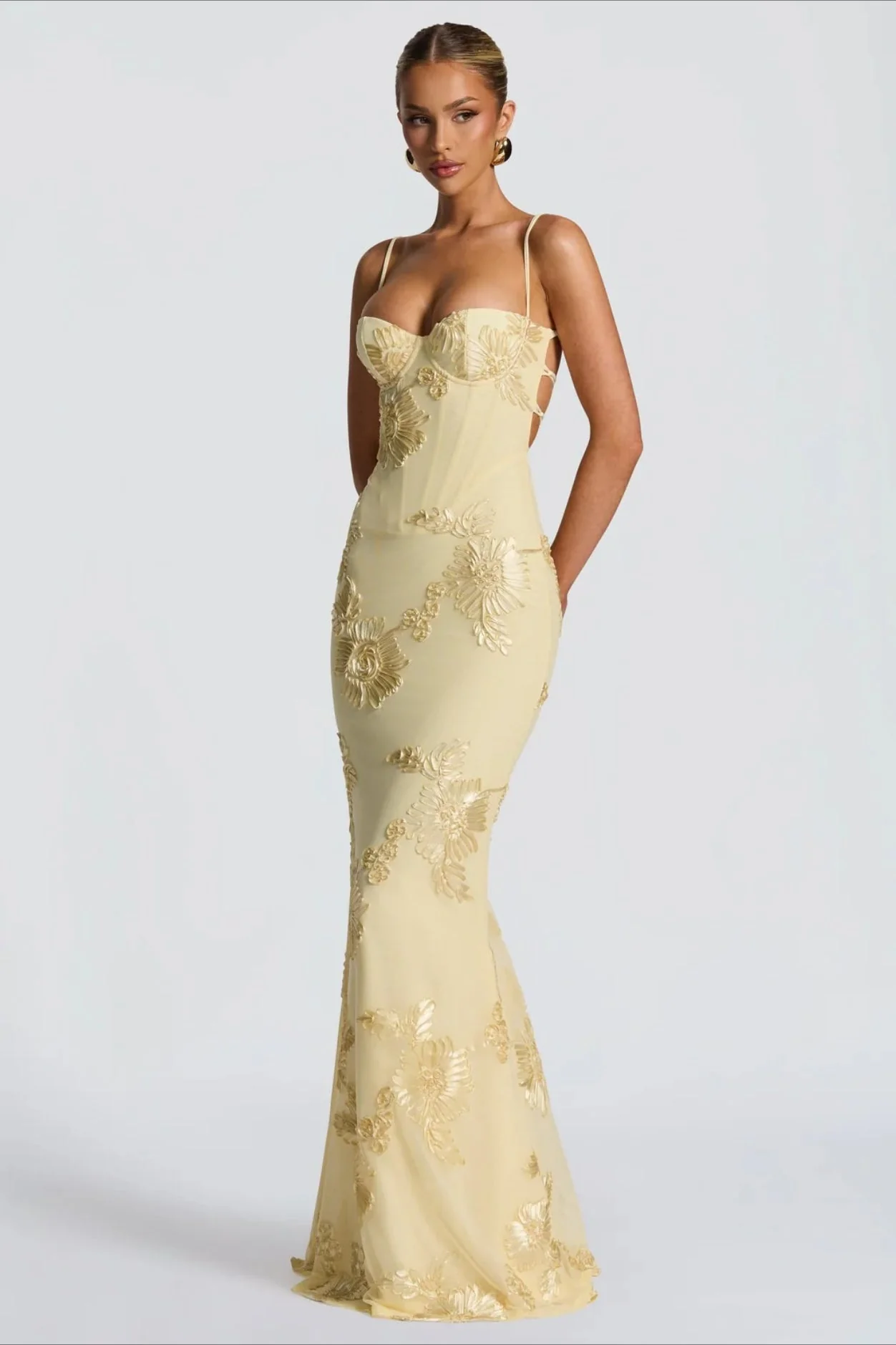 3D Applique Bone Pad Tie Back Solid Prom Dress - Image 7