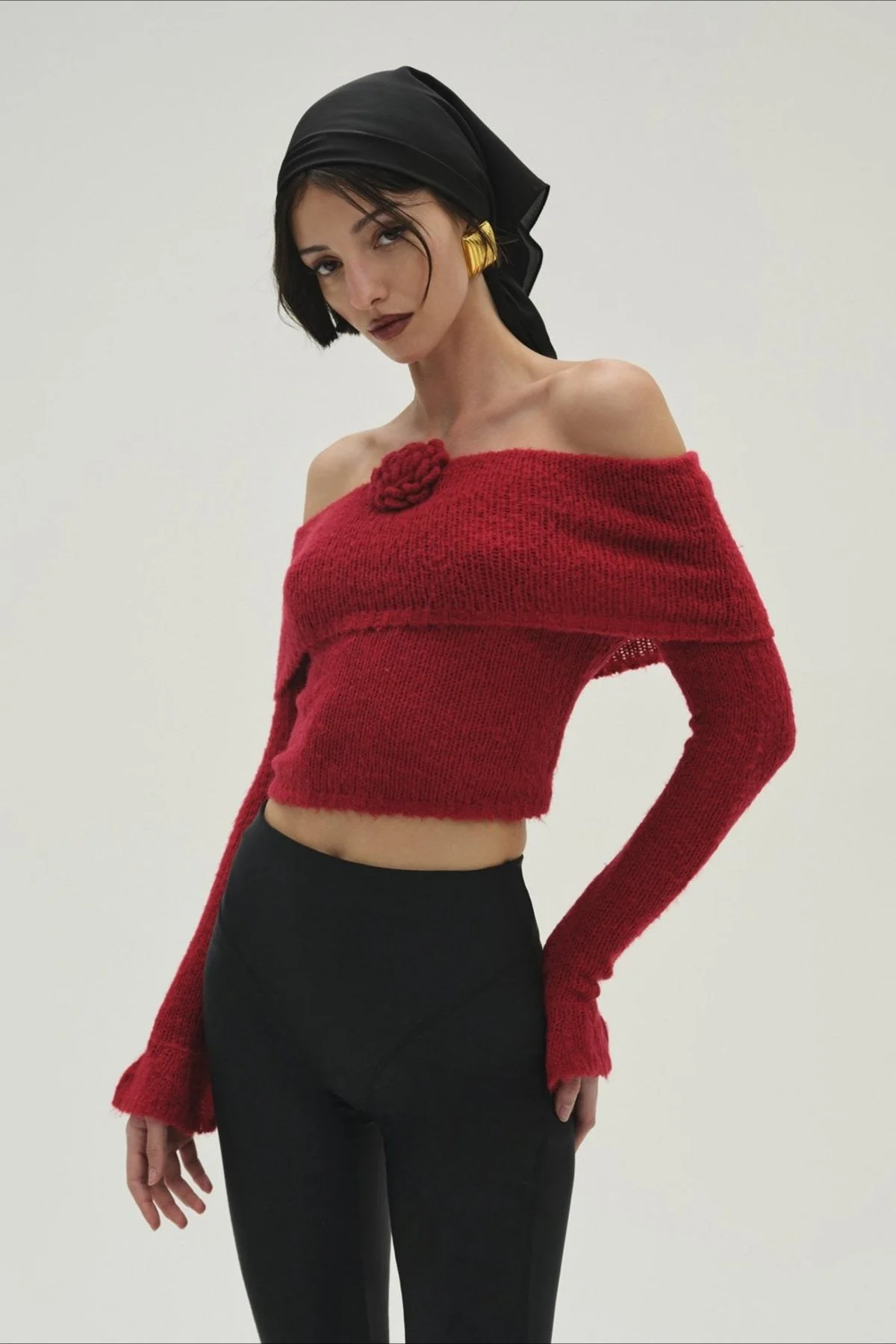 3D Floral Off-Shoulder Fitted Knitted Long Sleeve Tee - Image 2