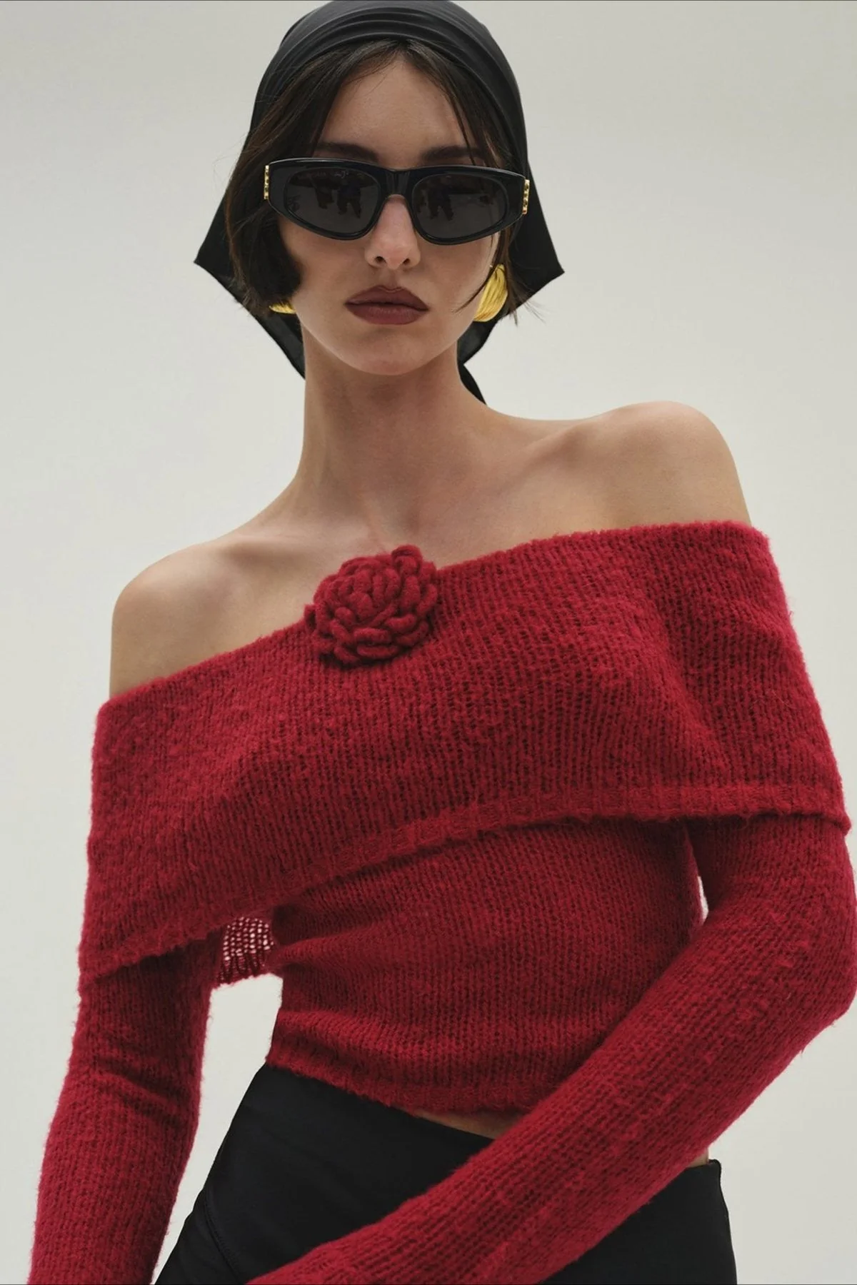 3D Floral Off-Shoulder Fitted Knitted Long Sleeve Tee - Image 4