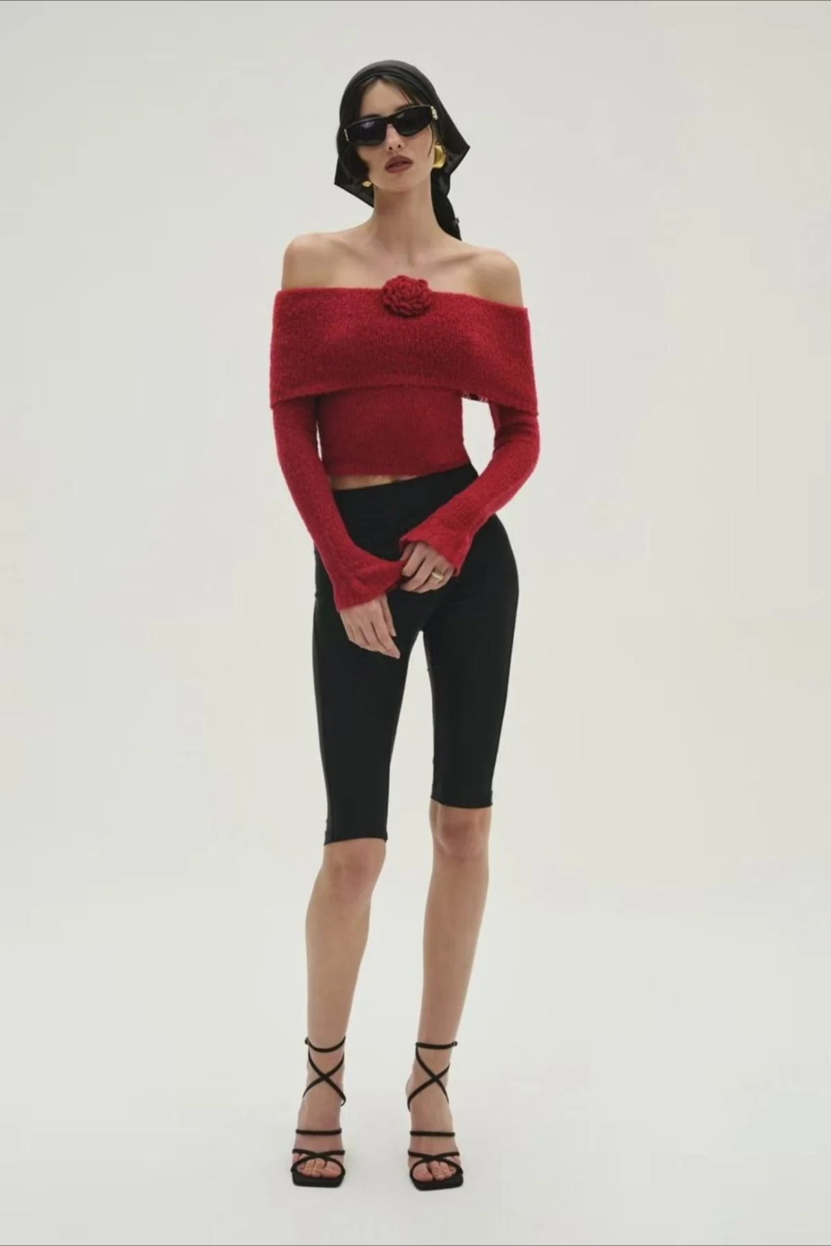 3D Floral Off-Shoulder Fitted Knitted Long Sleeve Tee - Image 5