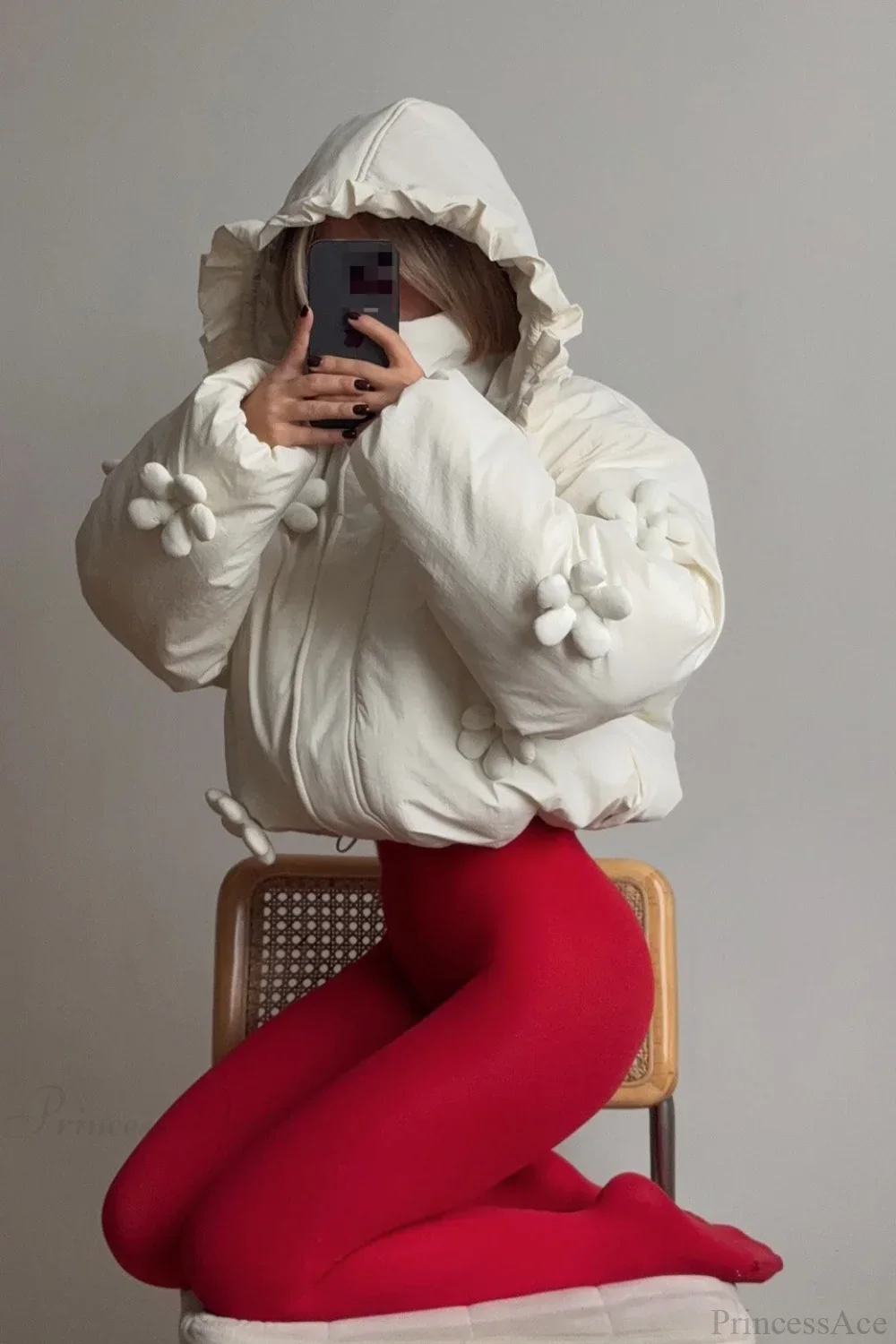 3D Floral Ruffled Hood Cropped Padded Coat - Image 3