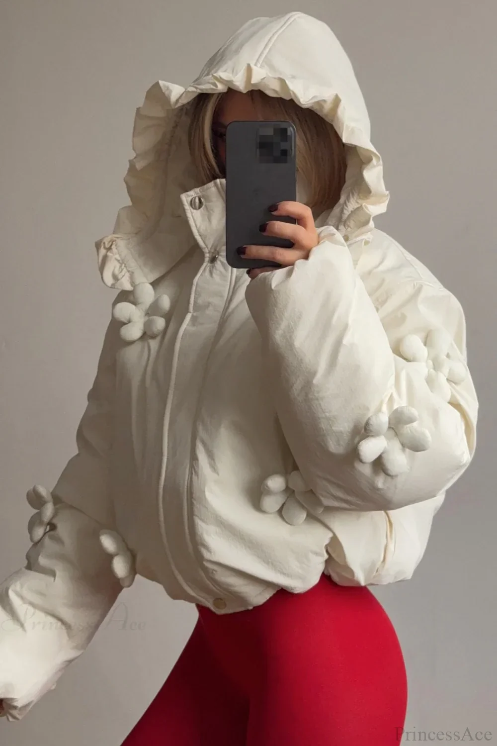 3D Floral Ruffled Hood Cropped Padded Coat - Image 4