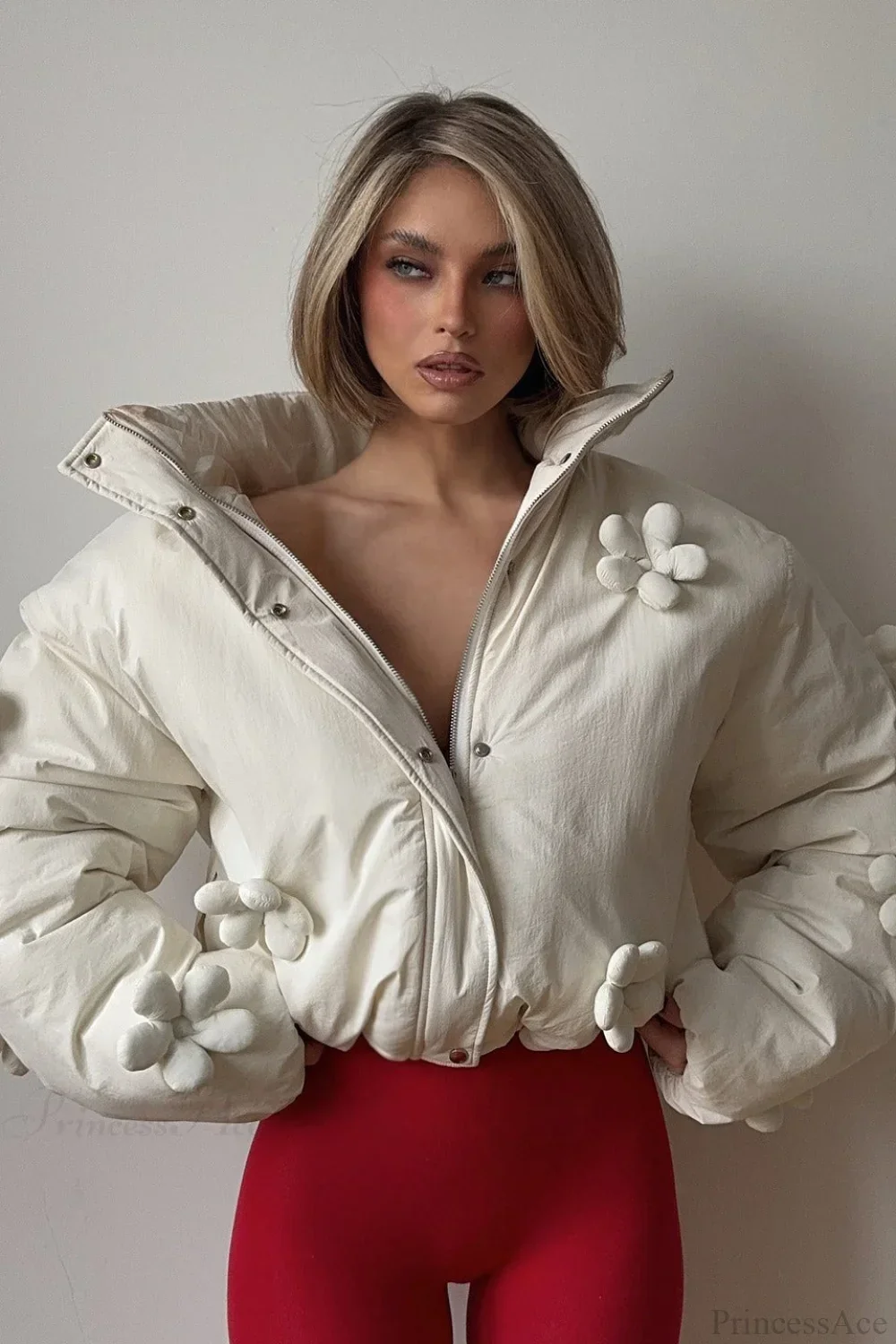 3D Floral Ruffled Hood Cropped Padded Coat - Image 5