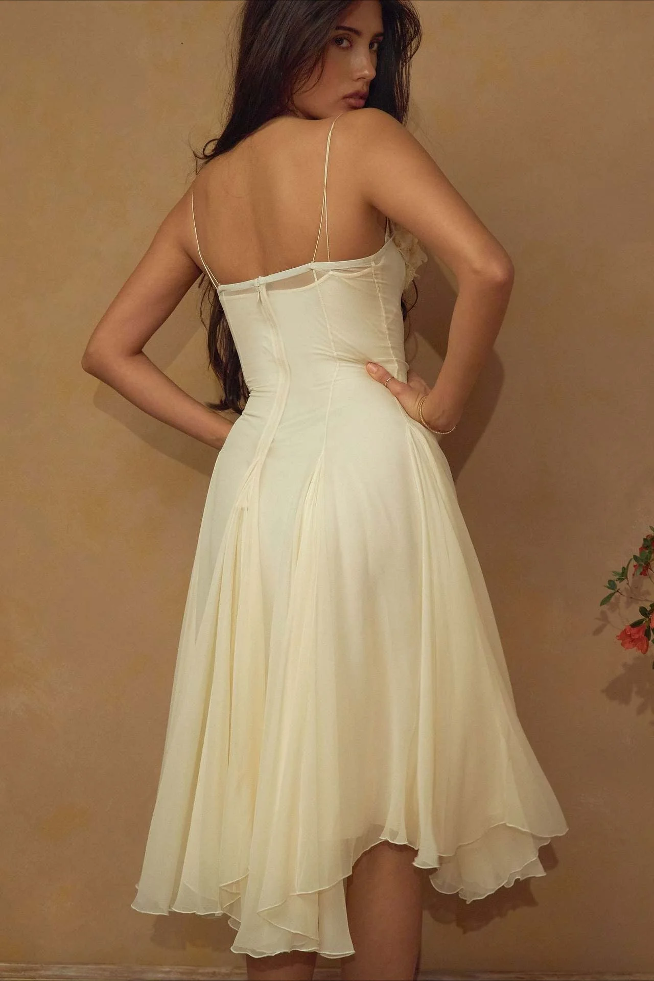 3D Flower Deep V Patchwork Spaghetti Strap Romantic Midi Dress - Image 12
