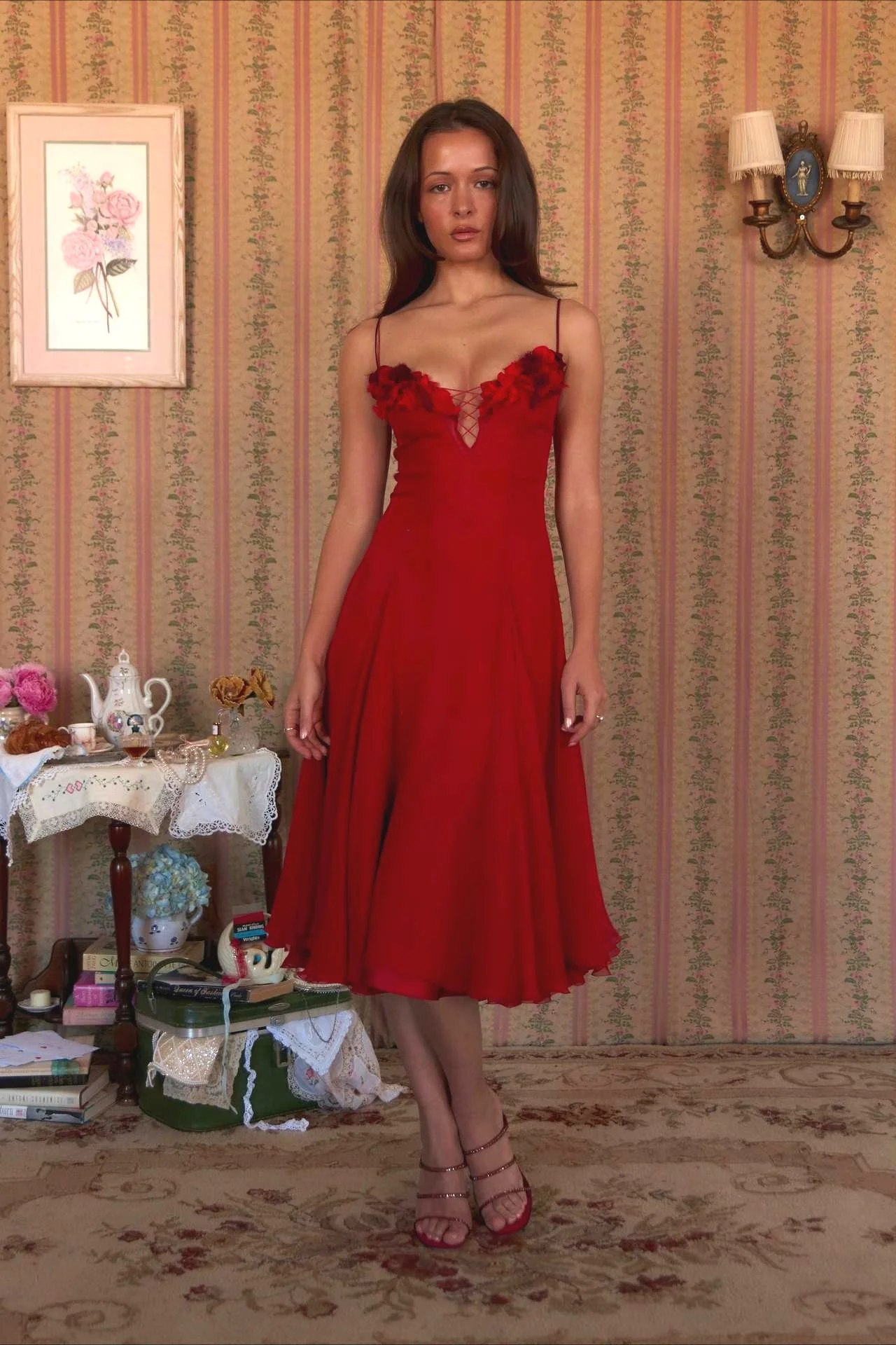 3D Flower Deep V Patchwork Spaghetti Strap Romantic Midi Dress - Image 4