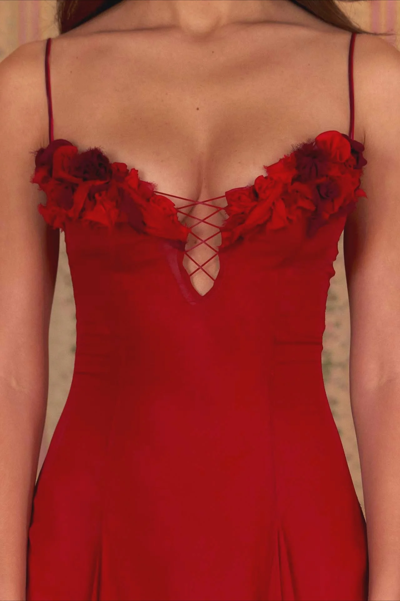 3D Flower Deep V Patchwork Spaghetti Strap Romantic Midi Dress - Image 6