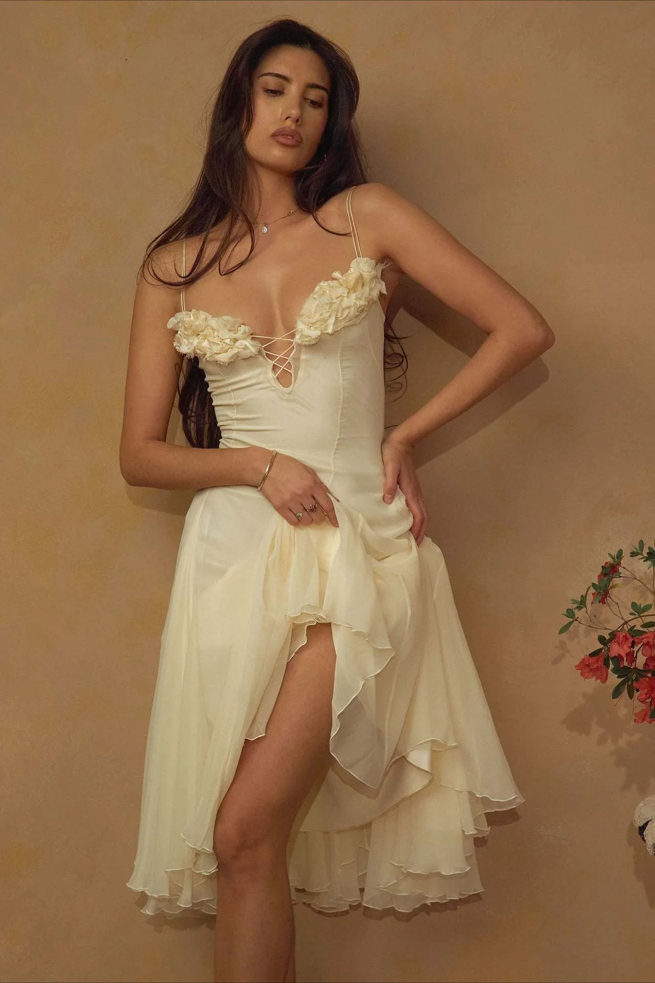 3D Flower Deep V Patchwork Spaghetti Strap Romantic Midi Dress - Image 8
