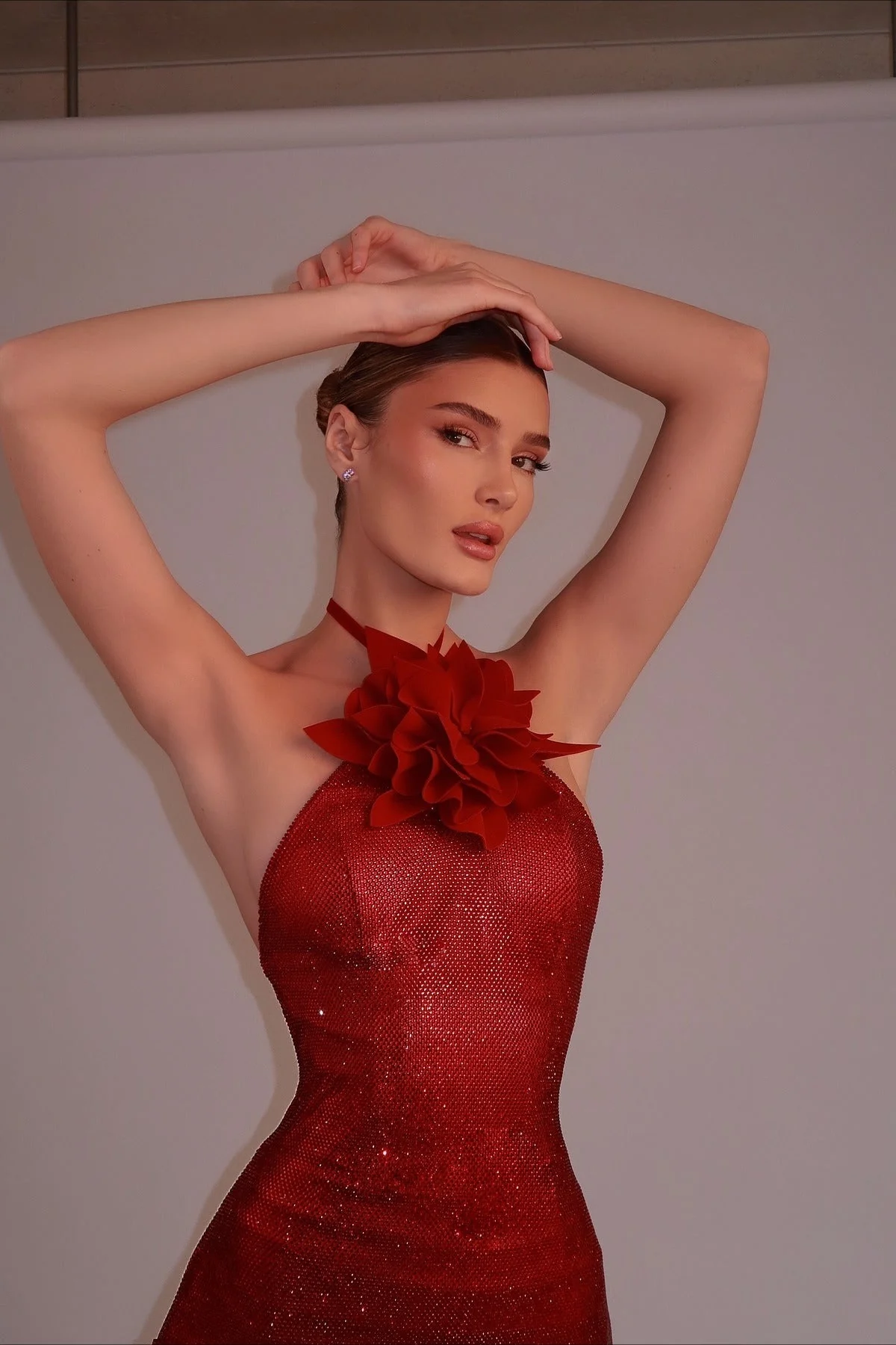 3D Flower Halter Fitted Waist Rhinestone Party Dress - Image 2