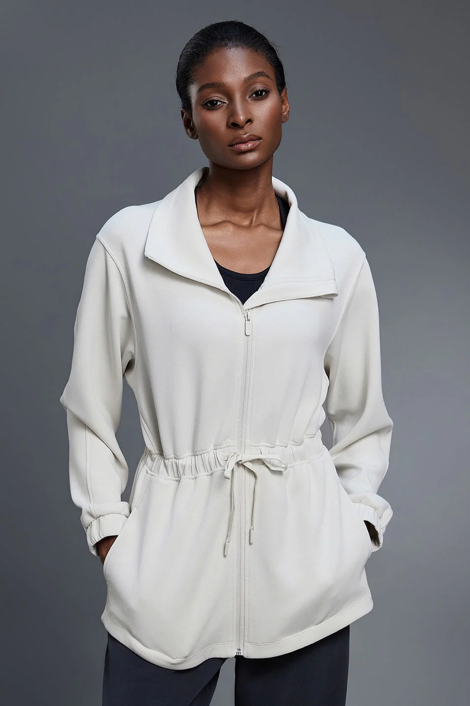 Air Layer Stand Collar Drawstring Waist Mid Length Jacket - Image 3