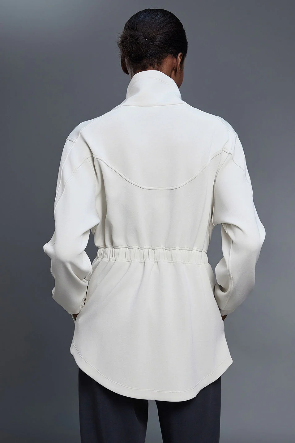 Air Layer Stand Collar Drawstring Waist Mid Length Jacket - Image 4