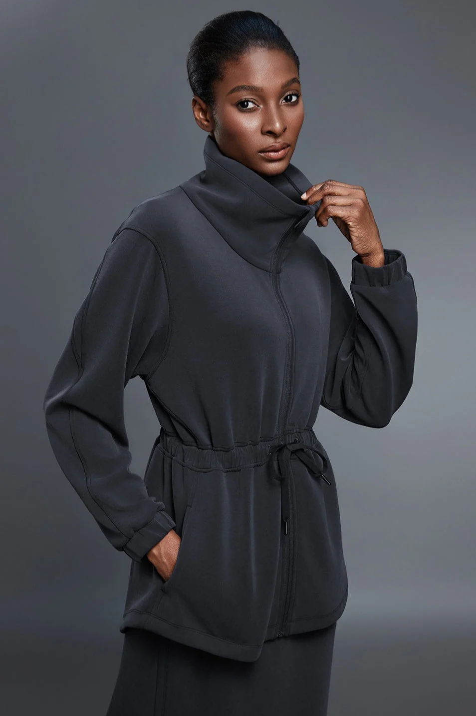 Air Layer Stand Collar Drawstring Waist Mid Length Jacket - Image 5