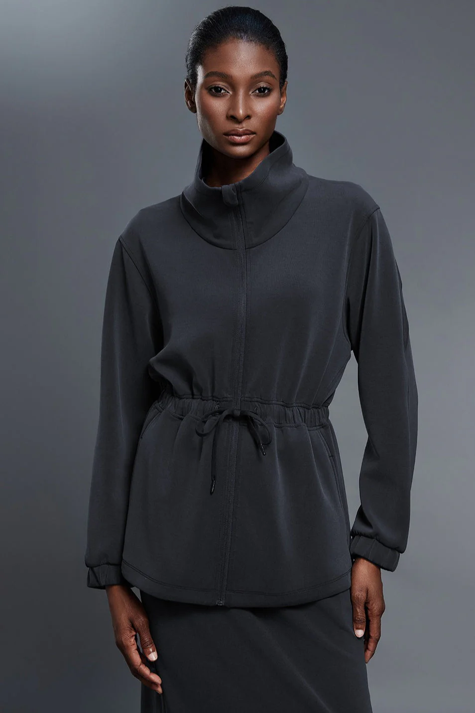 Air Layer Stand Collar Drawstring Waist Mid Length Jacket - Image 6