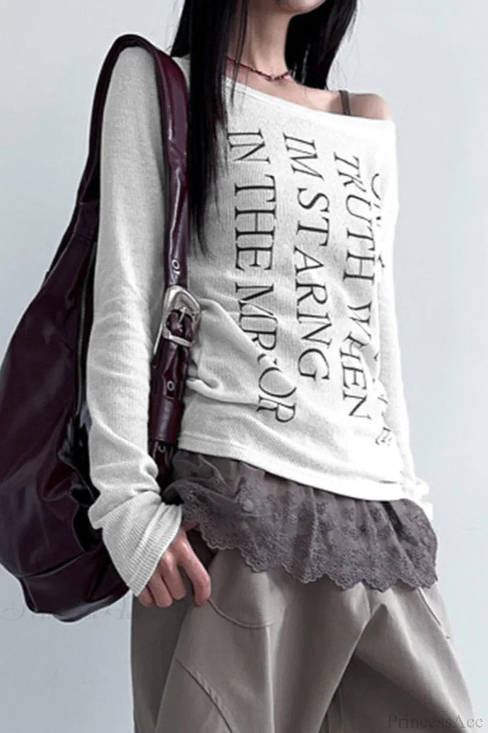 American Retro Oblique Collar Letter Print Long Sleeve Tee - Image 2
