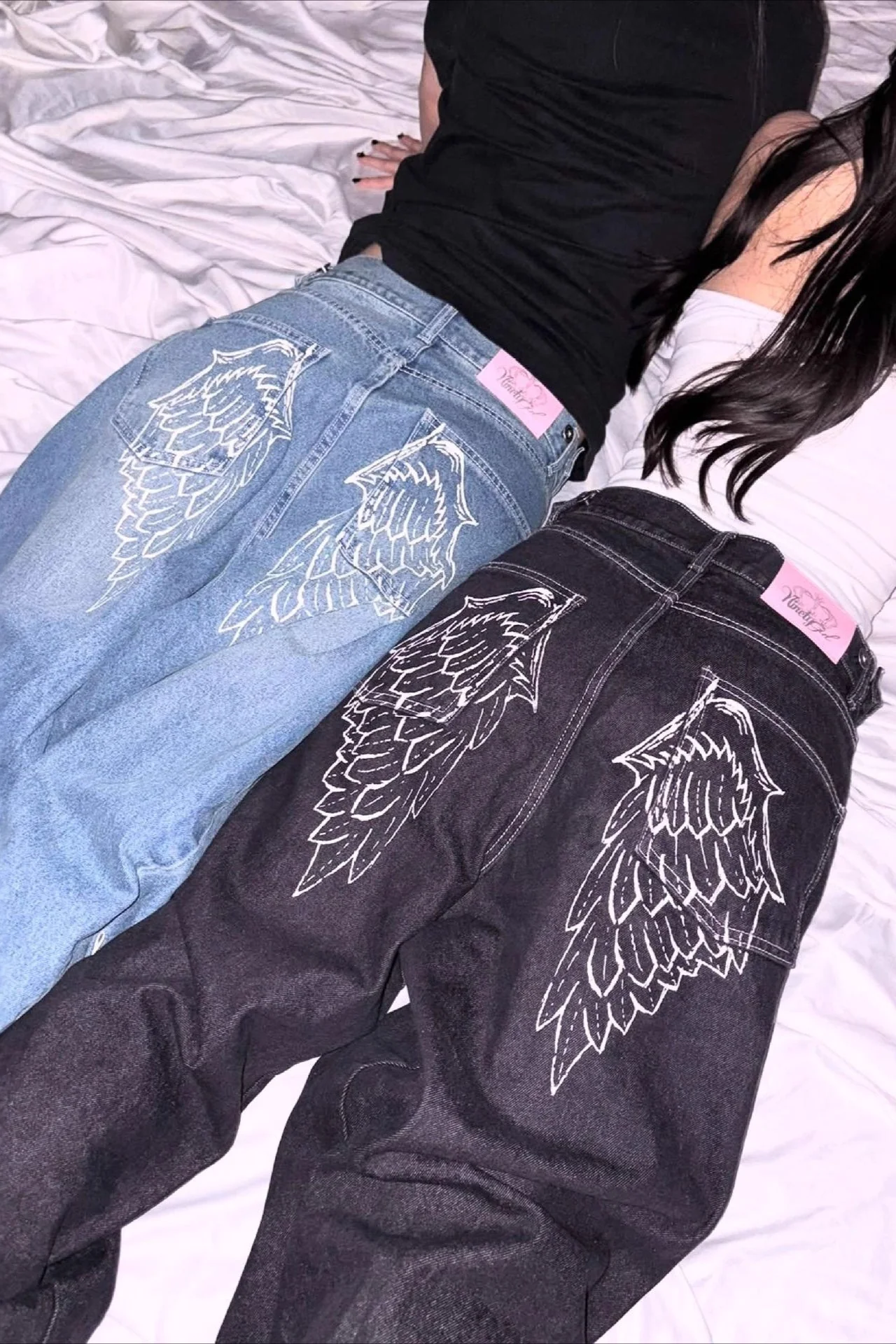 Angel Wing Embroidery Rhinestone Straight Jeans - Image 2