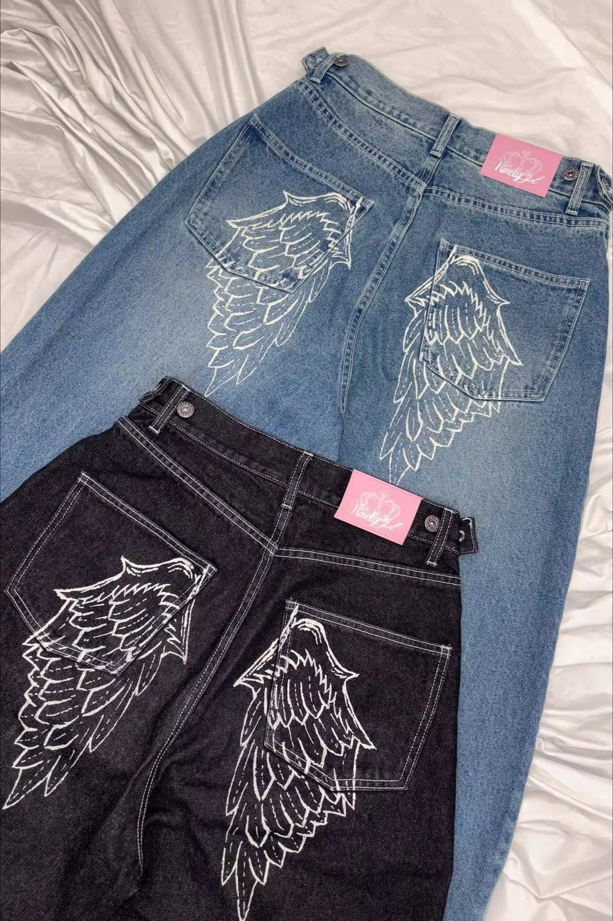 Angel Wing Embroidery Rhinestone Straight Jeans - Image 3